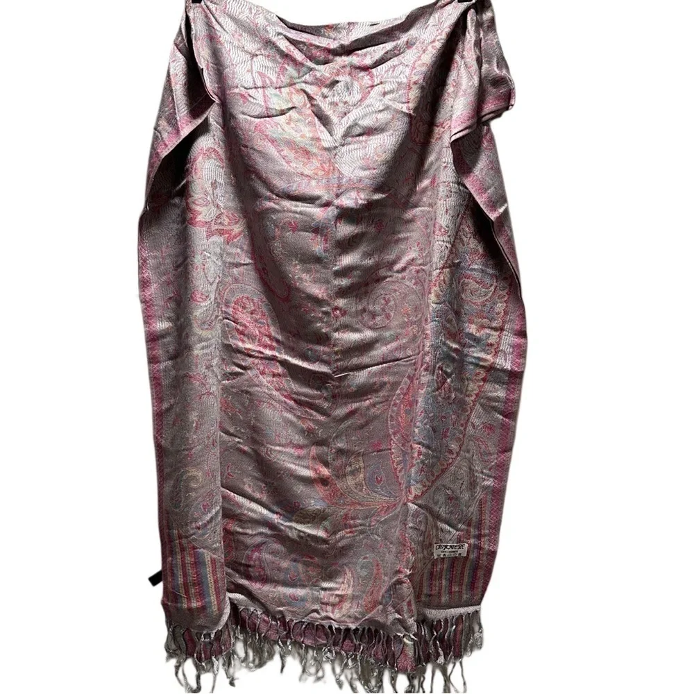 Elegant Shawl in Silver & Pink Paisley- Versatile Wrap, Scarf, Veil Soft Rayon